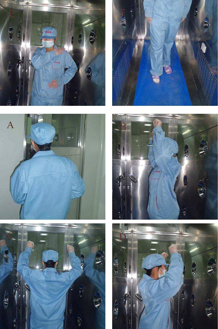 進入風淋室前無塵服應穿著得當，袖口和領口需拉緊，避免衣物內外的塵埃進入。